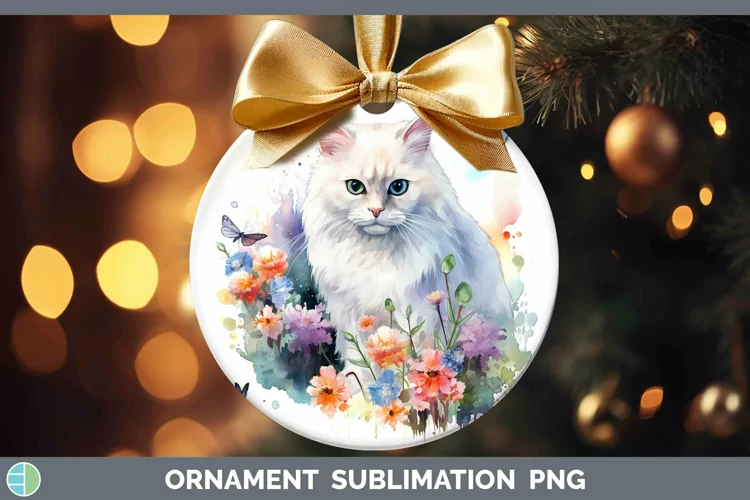 Watercolor White Cat Ornament Sublimation Bauble Designs