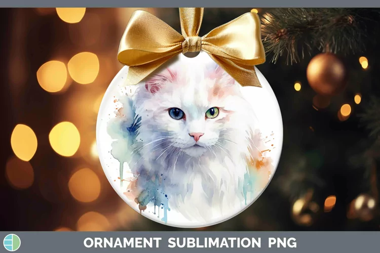 Watercolor White Cat Ornament Sublimation Bauble Designs