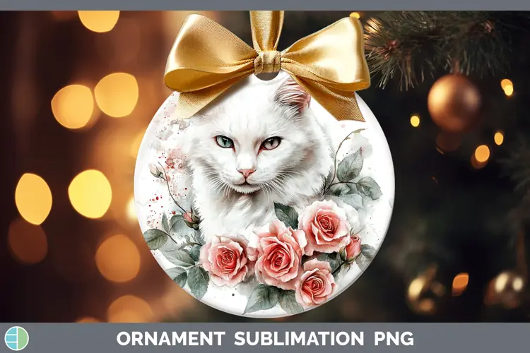 Watercolor White Cat Ornament Sublimation Bauble Designs