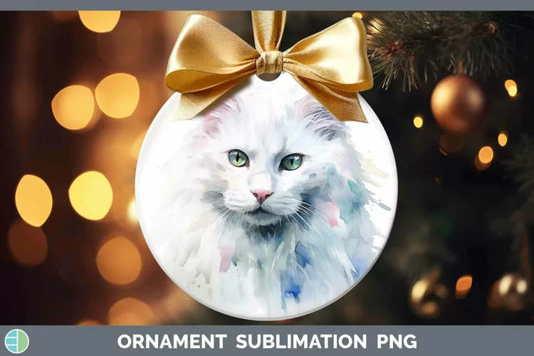 Watercolor White Cat Ornament Sublimation Bauble Designs