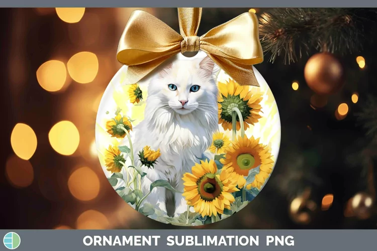 Watercolor White Cat Ornament Sublimation Bauble Designs