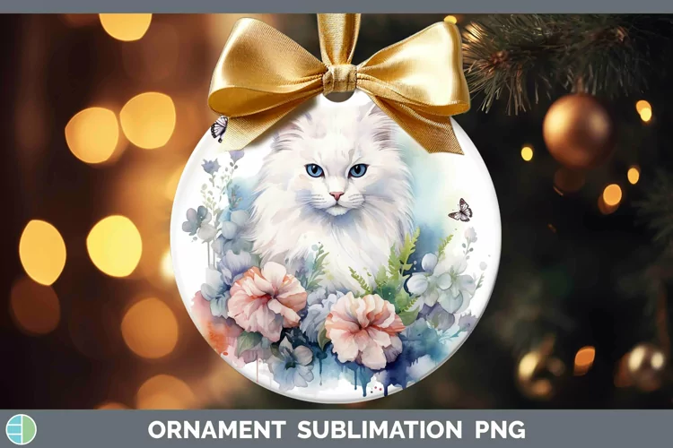 Watercolor White Cat Ornament Sublimation Bauble Designs