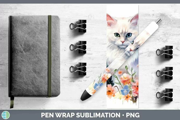 Watercolor White Cat Pen Wrap Sublimation Epoxy Pen Designs