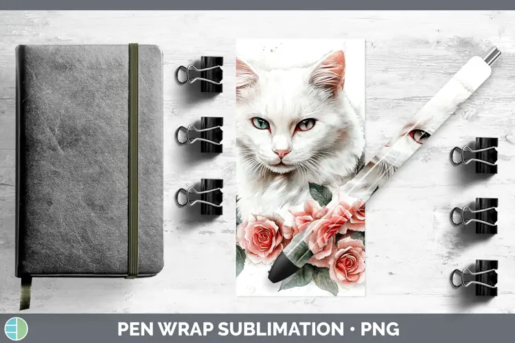 Watercolor White Cat Pen Wrap Sublimation Pen Designs