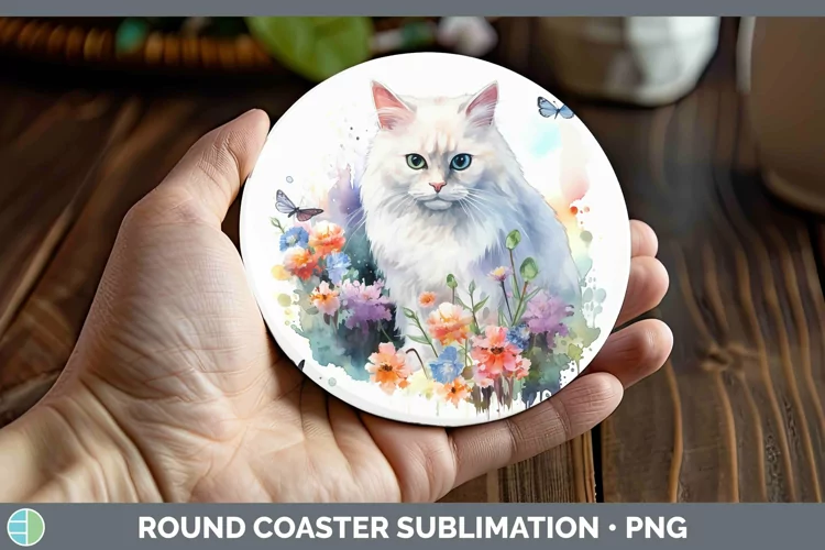 Watercolor White Cat Round Coaster Sublimation Coaster Desig