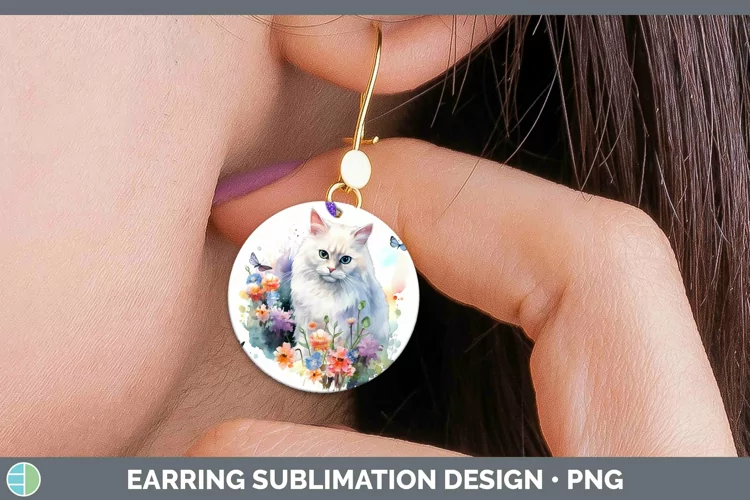Watercolor White Cat Round Earrings Sublimation Earrings Des