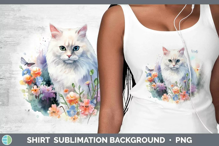 Watercolor White Cat Shirt Sublimation Sublimation Backgroun