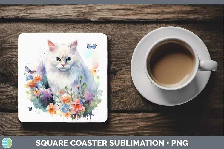 Watercolor White Cat Square Coaster Sublimation Coaster Desi