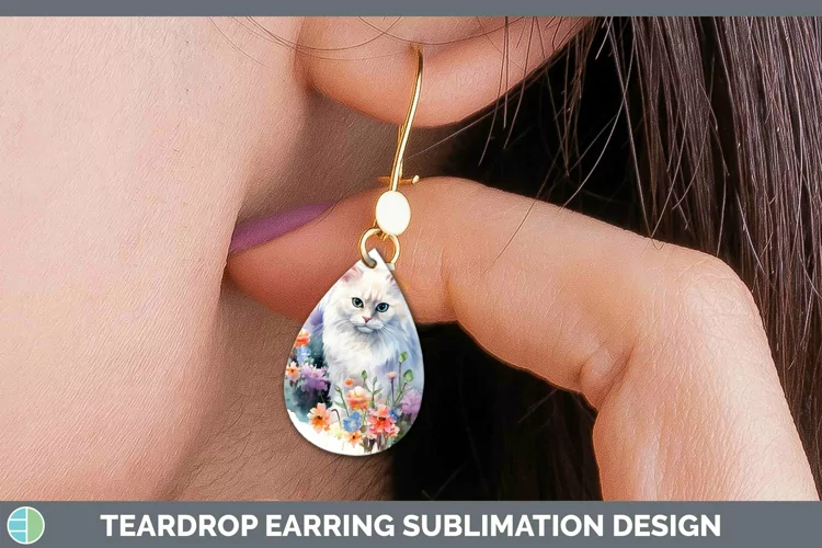 Watercolor White Cat Teardrop Earrings Sublimation Earrings