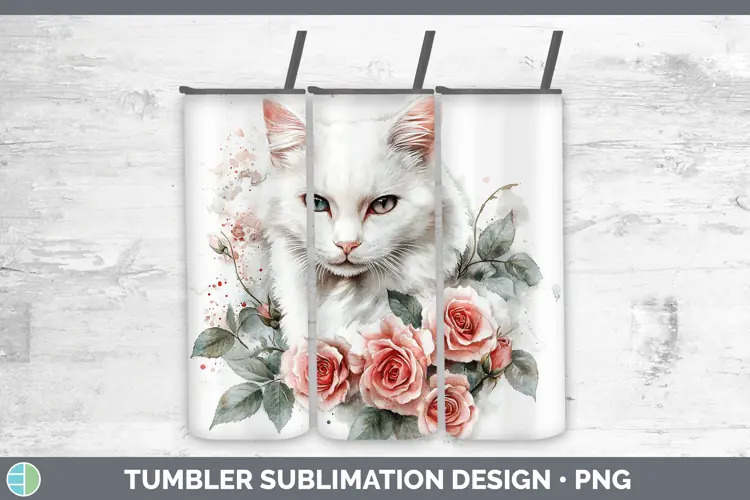 Watercolor White Cat Tumbler Sublimation 20 oz Skinny Tumble