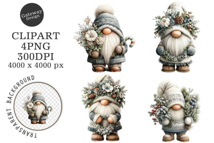 Watercolor White Christmas Gnomes PNG