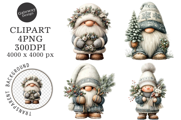 Watercolor White Christmas Gnomes PNG