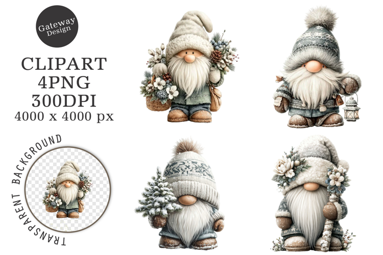 Watercolor White Christmas Gnomes PNG