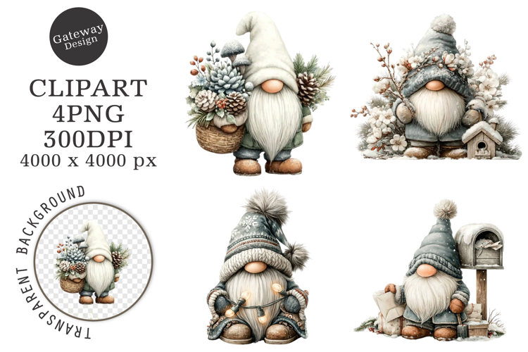 Watercolor White Christmas Gnomes PNG