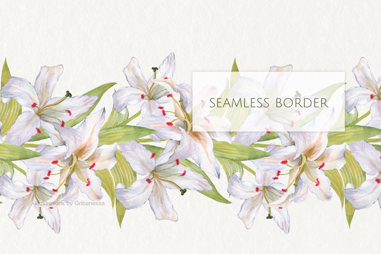 Watercolor White Lily Seamless Border Botanical PNG