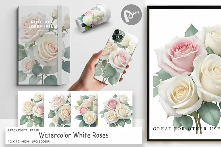 Digital Paper Watercolor White Roses