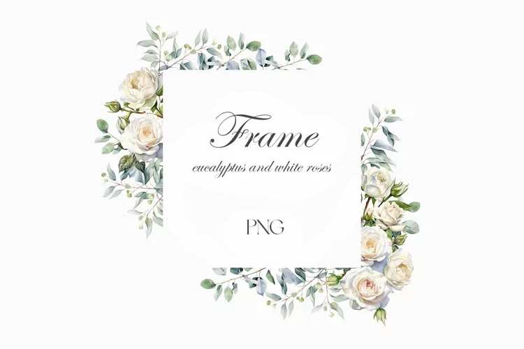 Watercolor white roses and eucalyptus frame