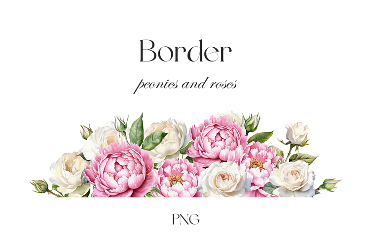 Watercolor white roses and peonies border. Garden flowers