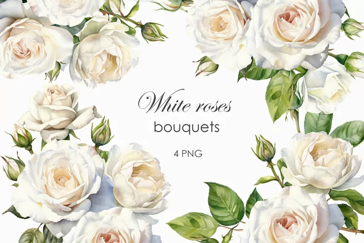 Watercolor white roses bouquets PNG