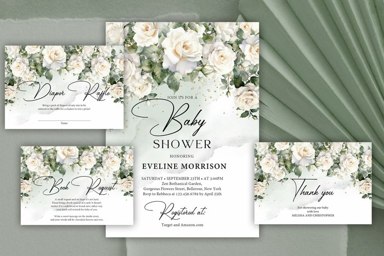 Winter dusty blue flowers Baby Shower Invitation PSD 155