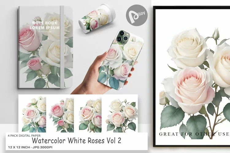 Digital Paper Watercolor White Roses