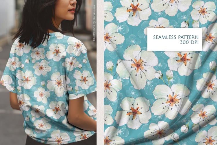 Watercolor White Spring Flowers Seamless Pattern