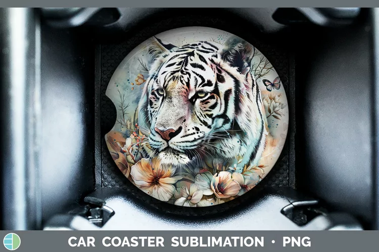 Watercolor White Tiger Car Coaster Sublimation Coaster Desig