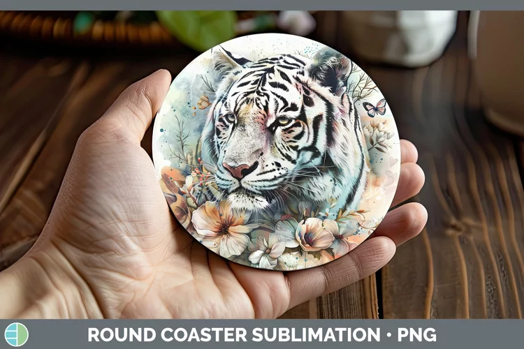 Watercolor White Tiger Round Coaster Sublimation Coaster Des
