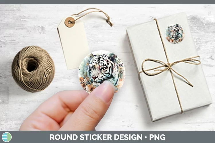 Watercolor White Tiger Stickers | Round Labels Designs