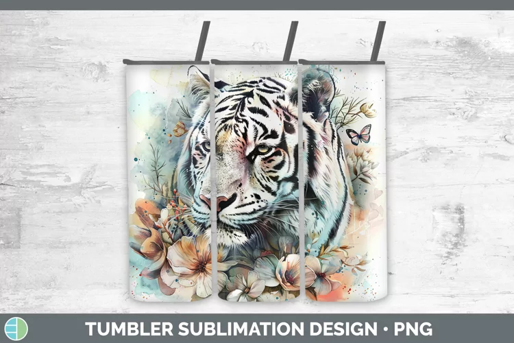 Watercolor White Tiger Tumbler Sublimation 20 oz Skinny Tumb