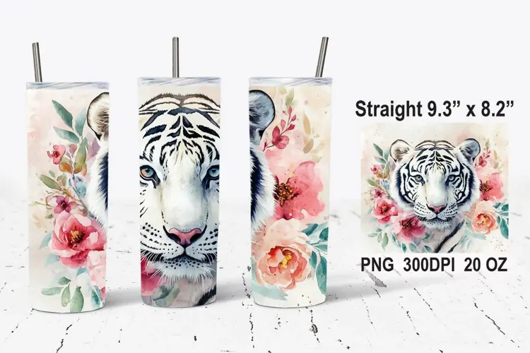 Watercolor White Tiger With Flowers Tumbler Wrap, Tiger PNG