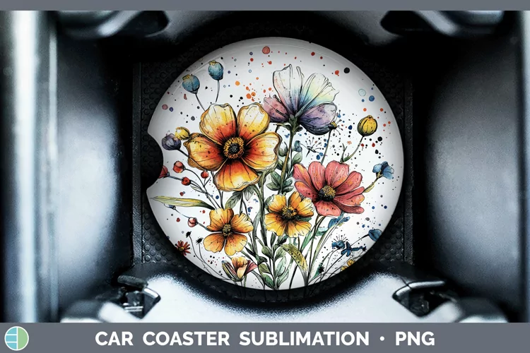 Watercolor Wild Flowers Car Coaster Sublimation Designs