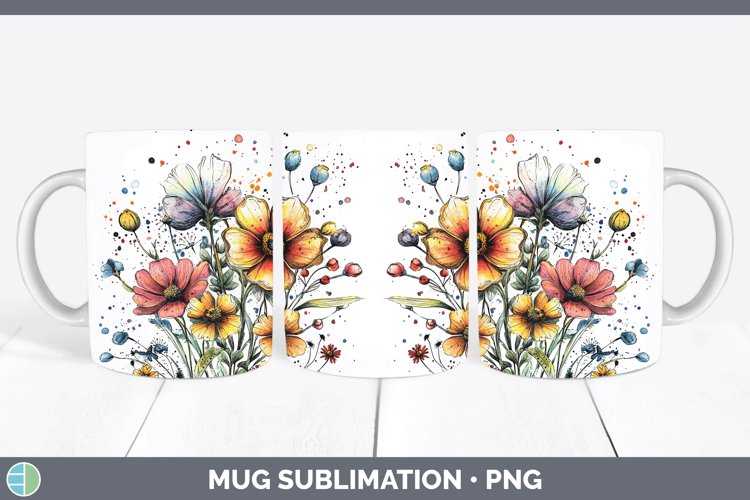 Watercolor Wild Flowers Mug Wrap Sublimation Coffee Cup Desi