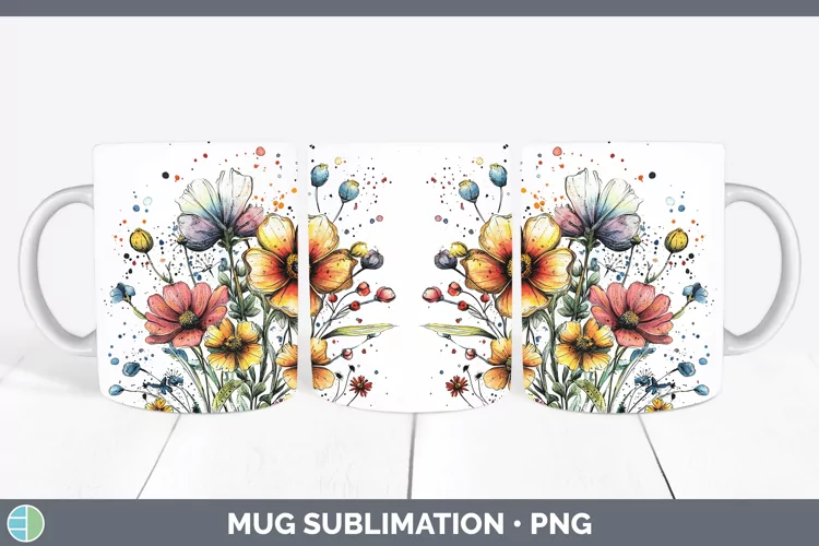 Watercolor Wild Flowers Mug Wrap Sublimation Coffee Cup Desi