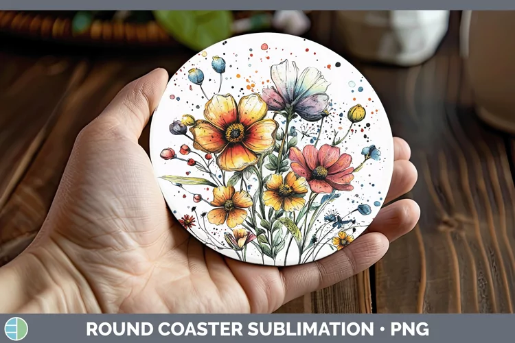 Watercolor Wild Flowers Round Coaster Sublimation Coaster De