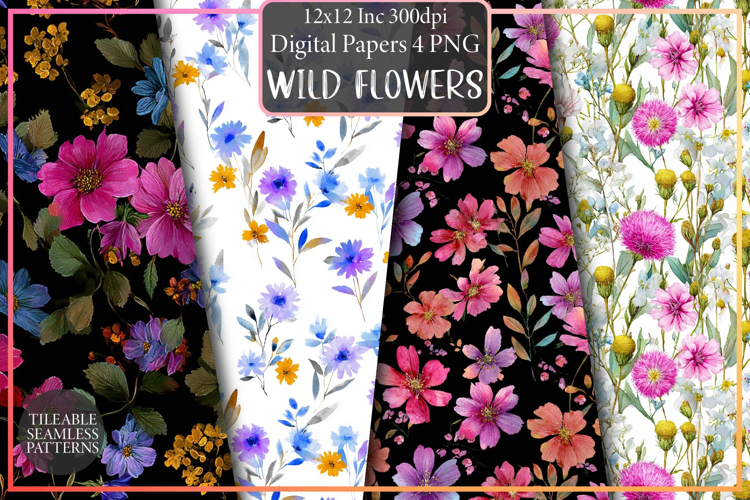 Watercolor Wild Flowers Seamless Patterns