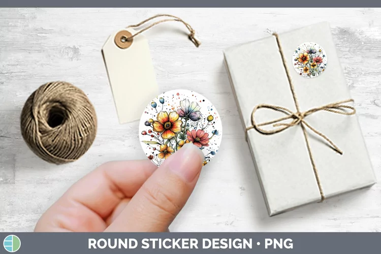 Watercolor Wild Flowers Stickers | Round Labels Designs