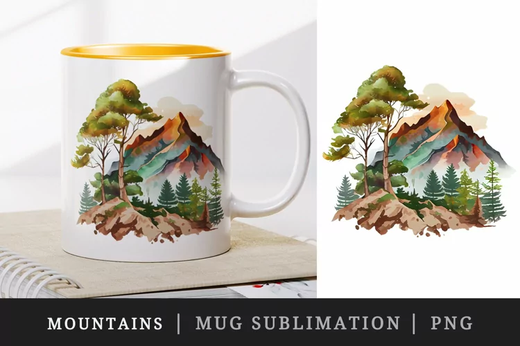 Watercolor mountains mug, cup wrap sublimation design png