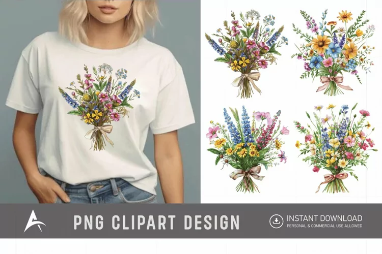 Watercolor Wildflower Bouquet with Bow Clipart