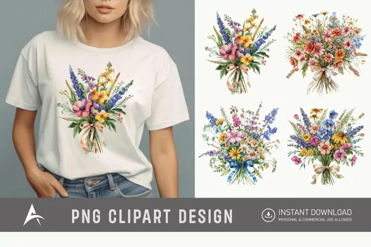 Watercolor Wildflower Bouquet with Bow Clipart