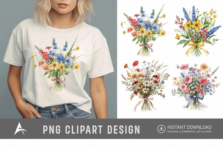 Watercolor Wildflower Bouquet with Bow Clipart