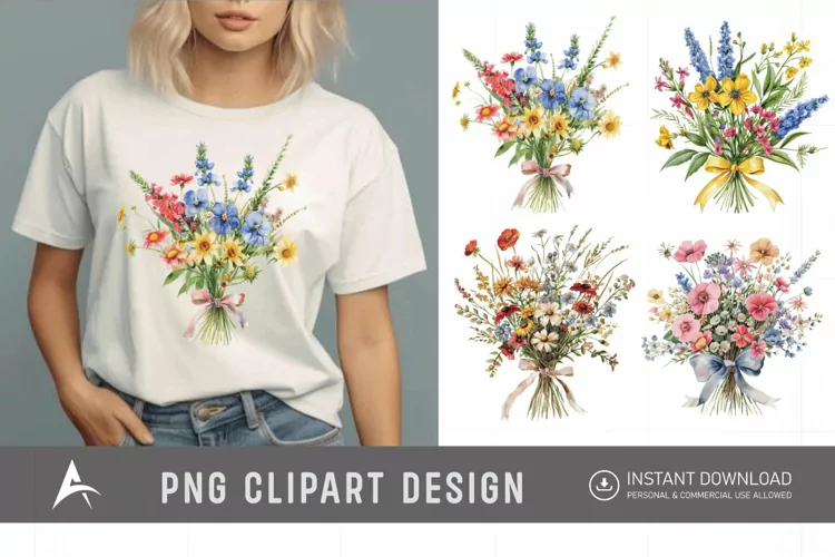 Watercolor Wildflower Bouquet with Bow Clipart
