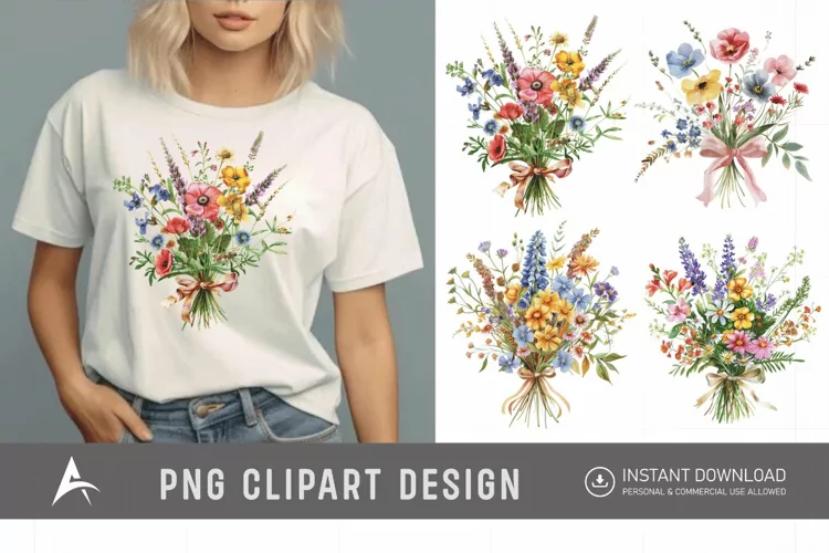 Watercolor Wildflower Bouquet with Bow Clipart