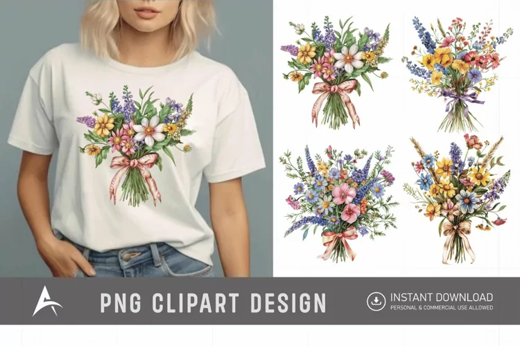 Watercolor Wildflower Bouquet with Bow Clipart