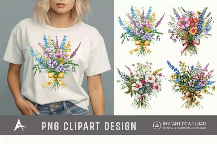 Watercolor Wildflower Bouquet with Bow Clipart