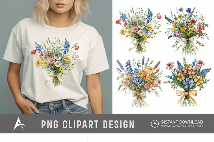 Watercolor Wildflower Bouquet with Bow Clipart