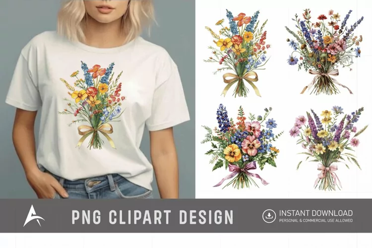 Watercolor Wildflower Bouquet with Bow Clipart