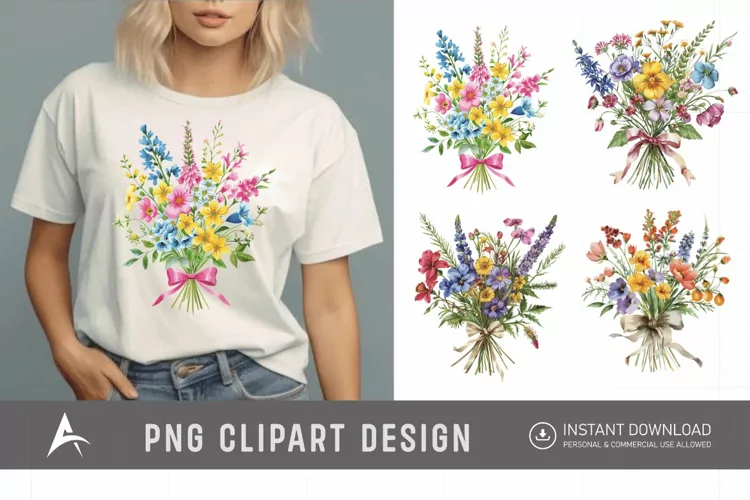 Watercolor Wildflower Bouquet with Bow Clipart