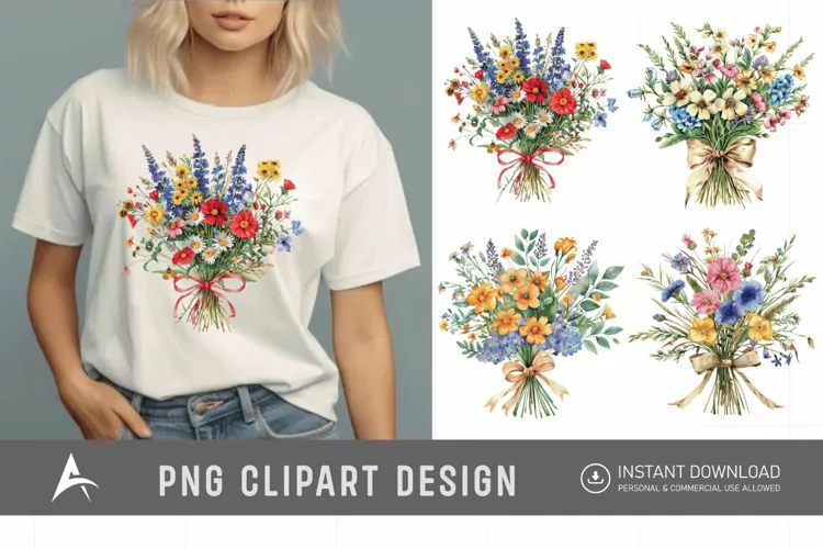 Watercolor Wildflower Bouquet with Bow Clipart