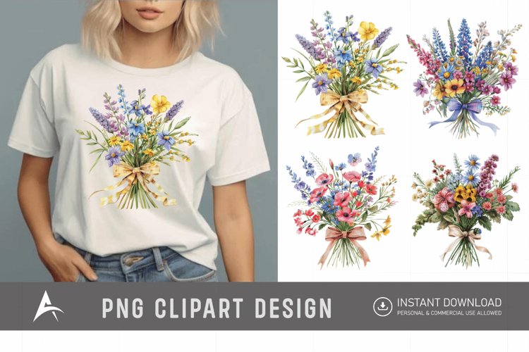 Watercolor Wildflower Bouquet with Bow Clipart
